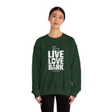 Live, Love, Bark (Front)___BAB Oval Outline (Back)  ||  Unisex Heavy Blend™ Crewneck Sweatshirt