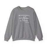 Weekends, Coffee and Dogs (Front)___BAB Oval Outline (Back)  ||  Unisex Heavy Blend™ Crewneck Sweatshirt