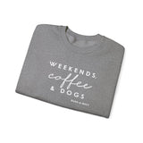Weekends, Coffee and Dogs (Front)___BAB Oval Outline (Back)  ||  Unisex Heavy Blend™ Crewneck Sweatshirt