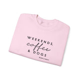 Weekends, Coffee and Dogs (Front)___BAB Oval Outline (Back)  ||  Unisex Heavy Blend™ Crewneck Sweatshirt