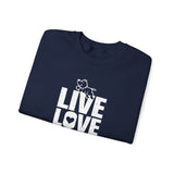 Live, Love, Bark (Front)___BAB Oval Outline (Back)  ||  Unisex Heavy Blend™ Crewneck Sweatshirt