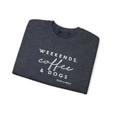 Weekends, Coffee and Dogs (Front)___BAB Oval Outline (Back)  ||  Unisex Heavy Blend™ Crewneck Sweatshirt