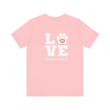 Bark-A-Bout Logo Word (Front)__LOVE Bark-A-Bout Varsity (Back) ||  Bella + Canvas 3001 Unisex Jersey Short Sleeve Tee