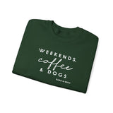 Weekends, Coffee and Dogs (Front)___BAB Oval Outline (Back)  ||  Unisex Heavy Blend™ Crewneck Sweatshirt