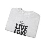 Live, Love, Bark (Front)___BAB Oval Outline (Back)  ||  Unisex Heavy Blend™ Crewneck Sweatshirt