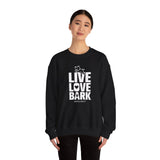 Live, Love, Bark (Front)___BAB Oval Outline (Back)  ||  Unisex Heavy Blend™ Crewneck Sweatshirt