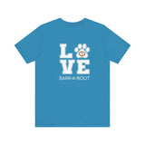 Bark-A-Bout Logo Word (Front)__LOVE Bark-A-Bout Varsity (Back) ||  Bella + Canvas 3001 Unisex Jersey Short Sleeve Tee