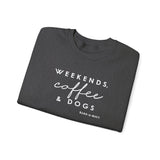 Weekends, Coffee and Dogs (Front)___BAB Oval Outline (Back)  ||  Unisex Heavy Blend™ Crewneck Sweatshirt