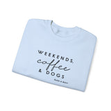 Weekends, Coffee and Dogs (Front)___BAB Oval Outline (Back)  ||  Unisex Heavy Blend™ Crewneck Sweatshirt