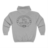 Bark-A-Bout Dog Jumping (Front)__Black Oval Outline (Back) || Unisex Heavy Blend™ Full Zip-Up Hoodie