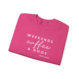 Weekends, Coffee and Dogs (Front)___BAB Oval Outline (Back)  ||  Unisex Heavy Blend™ Crewneck Sweatshirt