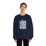 Live, Love, Bark (Front)___BAB Oval Outline (Back)  ||  Unisex Heavy Blend™ Crewneck Sweatshirt