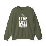 Live, Love, Bark (Front)___BAB Oval Outline (Back)  ||  Unisex Heavy Blend™ Crewneck Sweatshirt
