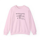 Weekends, Coffee and Dogs (Front)___BAB Oval Outline (Back)  ||  Unisex Heavy Blend™ Crewneck Sweatshirt