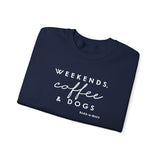 Weekends, Coffee and Dogs (Front)___BAB Oval Outline (Back)  ||  Unisex Heavy Blend™ Crewneck Sweatshirt