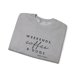 Weekends, Coffee and Dogs (Front)___BAB Oval Outline (Back)  ||  Unisex Heavy Blend™ Crewneck Sweatshirt