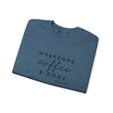 Weekends, Coffee and Dogs (Front)___BAB Oval Outline (Back)  ||  Unisex Heavy Blend™ Crewneck Sweatshirt