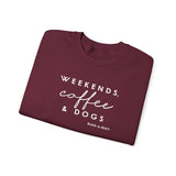 Weekends, Coffee and Dogs (Front)___BAB Oval Outline (Back)  ||  Unisex Heavy Blend™ Crewneck Sweatshirt