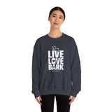 Live, Love, Bark (Front)___BAB Oval Outline (Back)  ||  Unisex Heavy Blend™ Crewneck Sweatshirt