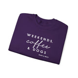 Weekends, Coffee and Dogs (Front)___BAB Oval Outline (Back)  ||  Unisex Heavy Blend™ Crewneck Sweatshirt