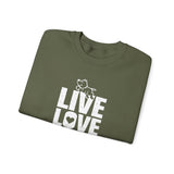 Live, Love, Bark (Front)___BAB Oval Outline (Back)  ||  Unisex Heavy Blend™ Crewneck Sweatshirt