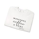 Weekends, Coffee and Dogs (Front)___BAB Oval Outline (Back)  ||  Unisex Heavy Blend™ Crewneck Sweatshirt