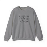 Weekends, Coffee and Dogs (Front)___BAB Oval Outline (Back)  ||  Unisex Heavy Blend™ Crewneck Sweatshirt