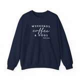 Weekends, Coffee and Dogs (Front)___BAB Oval Outline (Back)  ||  Unisex Heavy Blend™ Crewneck Sweatshirt