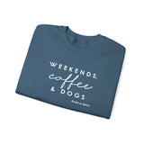 Weekends, Coffee and Dogs (Front)___BAB Oval Outline (Back)  ||  Unisex Heavy Blend™ Crewneck Sweatshirt