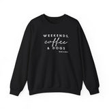 Weekends, Coffee and Dogs (Front)___BAB Oval Outline (Back)  ||  Unisex Heavy Blend™ Crewneck Sweatshirt