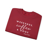 Weekends, Coffee and Dogs (Front)___BAB Oval Outline (Back)  ||  Unisex Heavy Blend™ Crewneck Sweatshirt