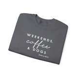 Weekends, Coffee and Dogs (Front)___BAB Oval Outline (Back)  ||  Unisex Heavy Blend™ Crewneck Sweatshirt