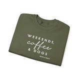 Weekends, Coffee and Dogs (Front)___BAB Oval Outline (Back)  ||  Unisex Heavy Blend™ Crewneck Sweatshirt