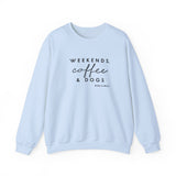 Weekends, Coffee and Dogs (Front)___BAB Oval Outline (Back)  ||  Unisex Heavy Blend™ Crewneck Sweatshirt