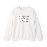 Weekends, Coffee and Dogs (Front)___BAB Oval Outline (Back)  ||  Unisex Heavy Blend™ Crewneck Sweatshirt