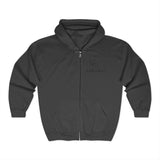 Bark-A-Bout Dog Jumping (Front)__Black Oval Outline (Back) || Unisex Heavy Blend™ Full Zip-Up Hoodie