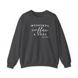 Weekends, Coffee and Dogs (Front)___BAB Oval Outline (Back)  ||  Unisex Heavy Blend™ Crewneck Sweatshirt
