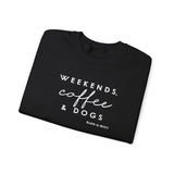 Weekends, Coffee and Dogs (Front)___BAB Oval Outline (Back)  ||  Unisex Heavy Blend™ Crewneck Sweatshirt