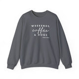 Weekends, Coffee and Dogs (Front)___BAB Oval Outline (Back)  ||  Unisex Heavy Blend™ Crewneck Sweatshirt