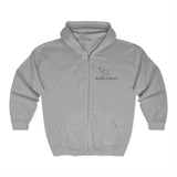 Bark-A-Bout Dog Jumping (Front)__Black Oval Outline (Back) || Unisex Heavy Blend™ Full Zip-Up Hoodie