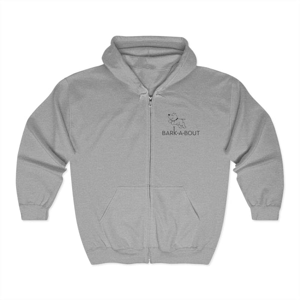 Bark-A-Bout Dog Jumping (Front)__Black Oval Outline (Back) || Unisex Heavy Blend™ Full Zip-Up Hoodie