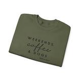 Weekends, Coffee and Dogs (Front)___BAB Oval Outline (Back)  ||  Unisex Heavy Blend™ Crewneck Sweatshirt