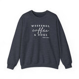 Weekends, Coffee and Dogs (Front)___BAB Oval Outline (Back)  ||  Unisex Heavy Blend™ Crewneck Sweatshirt