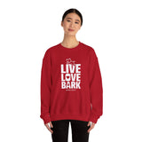 Live, Love, Bark (Front)___BAB Oval Outline (Back)  ||  Unisex Heavy Blend™ Crewneck Sweatshirt