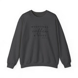 Weekends, Coffee and Dogs (Front)___BAB Oval Outline (Back)  ||  Unisex Heavy Blend™ Crewneck Sweatshirt
