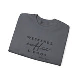 Weekends, Coffee and Dogs (Front)___BAB Oval Outline (Back)  ||  Unisex Heavy Blend™ Crewneck Sweatshirt