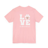 Bark-A-Bout Logo Word (Front)__LOVE Bark-A-Bout Varsity (Back) ||  Bella + Canvas 3001 Unisex Jersey Short Sleeve Tee