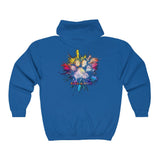 Paw Print Explosion (Back)__BAB Oval (Front) || Unisex Heavy Blend™ Full Zip-Up Hoodie