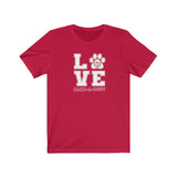LOVE Bark-A-Bout Varsity (Front)__Oval Logo (Back)  ||  Bella + Canvas 3001 Unisex Jersey Short Sleeve Tee