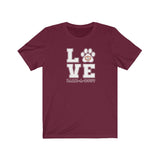 LOVE Bark-A-Bout Varsity (Front)__Oval Logo (Back)  ||  Bella + Canvas 3001 Unisex Jersey Short Sleeve Tee